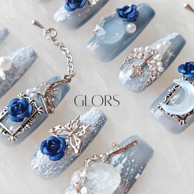 Handmade Press On Nails, 3D Blue Rose Design with Moon Charms, Long Coffin Style, 10 Pieces (Small,LB)