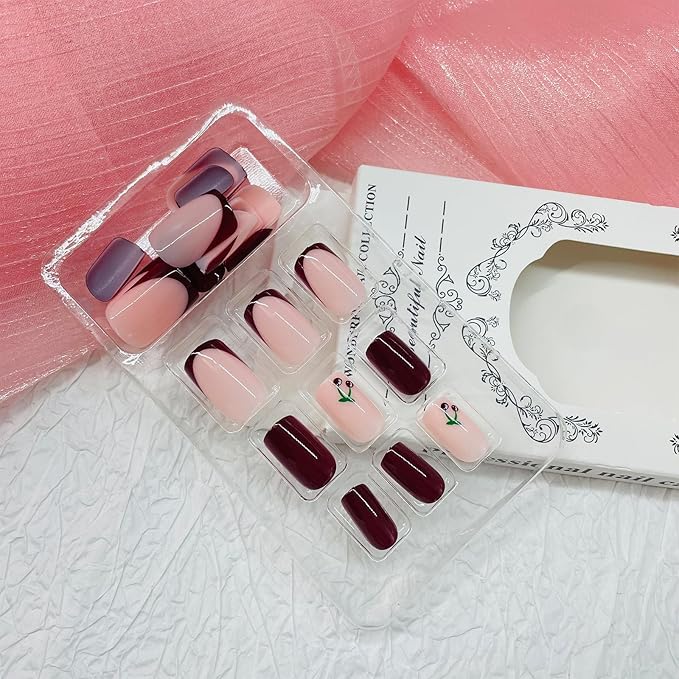 Square Press on Nails Short Fake Nails with Designs Cherry Stick on Nail Retro Red Acrylic False Nail Glossy Artificial Nail Full Cover Glue on Nails for Women 24Pcs