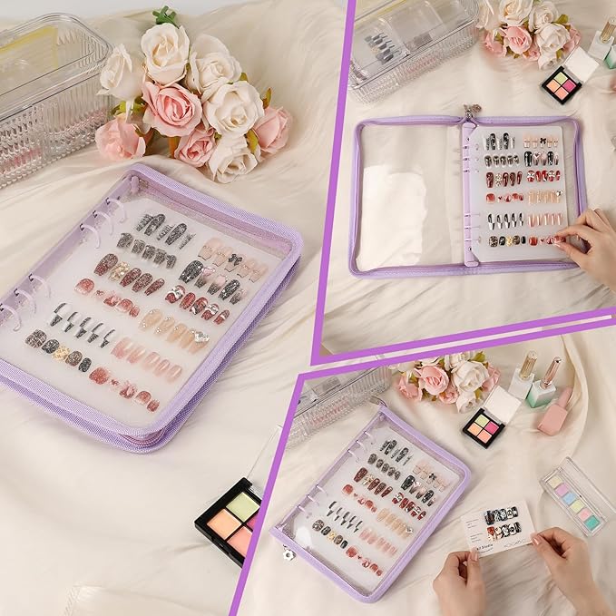 Press on Nail Organizer Binder Book, 8 A5-Sized Insert Pages & Double Sized Tape, Press on Nails Display Storage Book, Reusable Fake Nail Swatch Collecting Book (Purple)