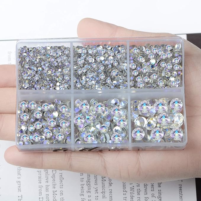 AD Beads 4300 Pieces Flat Back Nail Art Rhinestones Round Beads 6 Sizes (2-6.5mm) with Storage Organizer Box,Rhinestones Picking Pen for Nail Art Phone Decorations Crafts DIY (Paradise Shine)