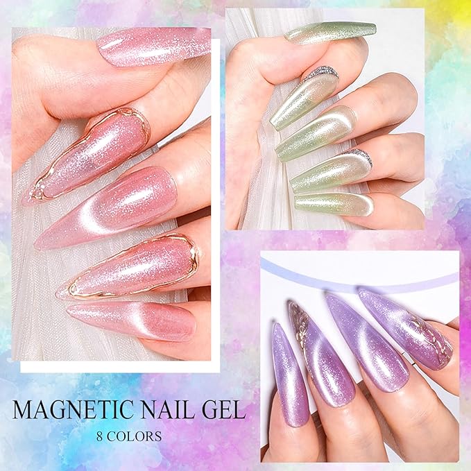 MEET ACROSS Jelly Glitter Cat Eye Gel Nail Polish Set 12PCS, Glass Fairyland Magnetic Nail Polish Translucent Pink Blue Green Purple Shimmer Sheer Gel Polish with Magnet Nail DIY Art Salon