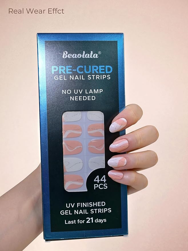Pre Cured Gel Nail Strips - 44PCS Salon Quality Gel Nail Stickers - Long Lasting Polish Wraps for Women no UV Light Needed Easy Apply & Remove (Marble Pink)