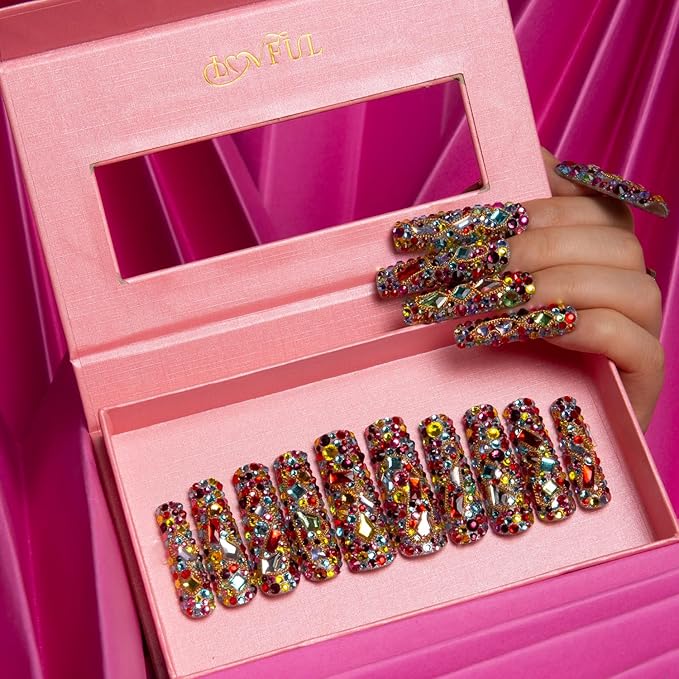 LOVFUL Press on Nails Precious | Handmade with Full Covered Crystals | Reusable Fake Nails | Square Mid length 1.7in | H175-S