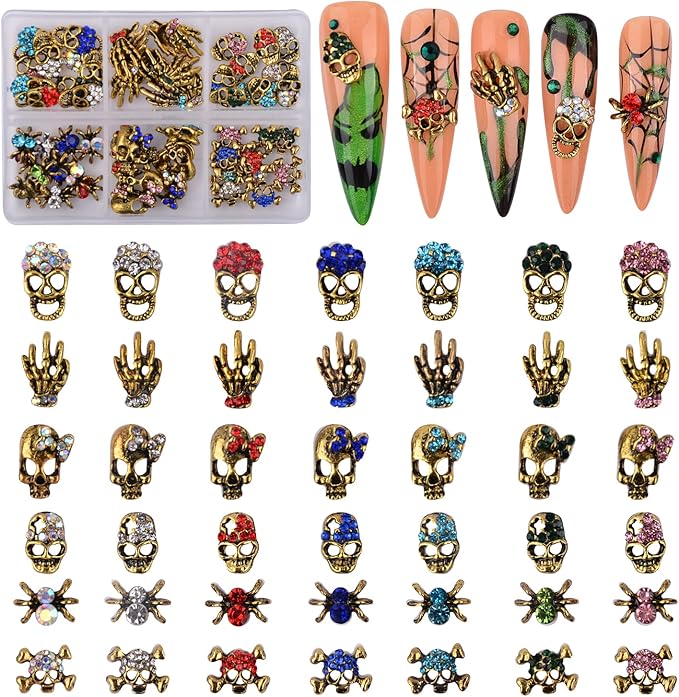 Halloween Nail Charms Rhinestones Decorations - 60Pcs/Box Multi Shape Halloween Nail Accessories Metal Punk Vintage Gold Nail Design for DIY Nail Art Craft
