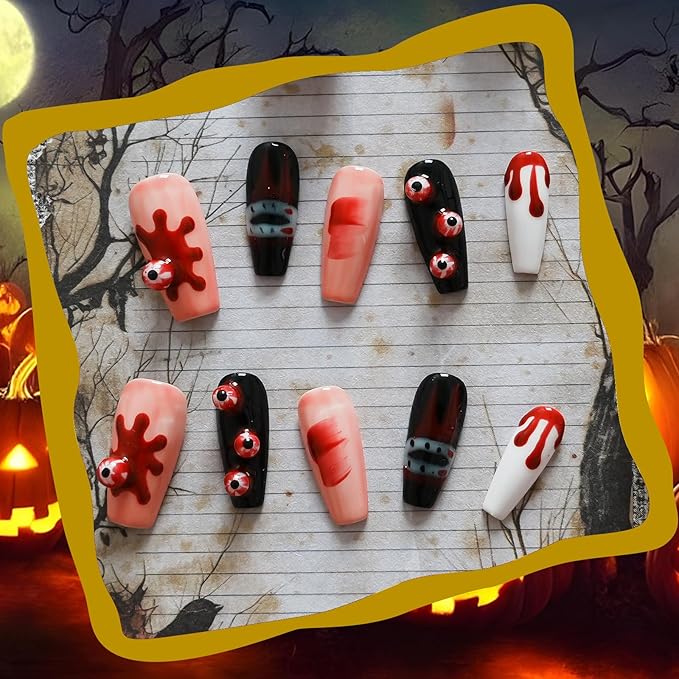 Handmade Press on Nails Long Coffin - 3D Eyeballs with Red Drops Design, Multi-Layer Gel Acrylic Nails for Parties, Halloween (Vampire Eyes,M)