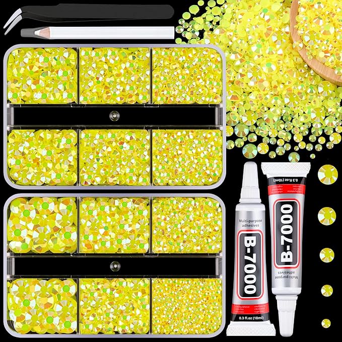 Resin Jelly Rhinestones for Crafting with B7000 Jewelry Glue, 2 Boxes Lemon Yellow AB Flatback Crystals with 2Pcs 10ml Glue, Bedazzling Non Hotfix Gems for DIY Tumblers Clothing Shoes Manicure