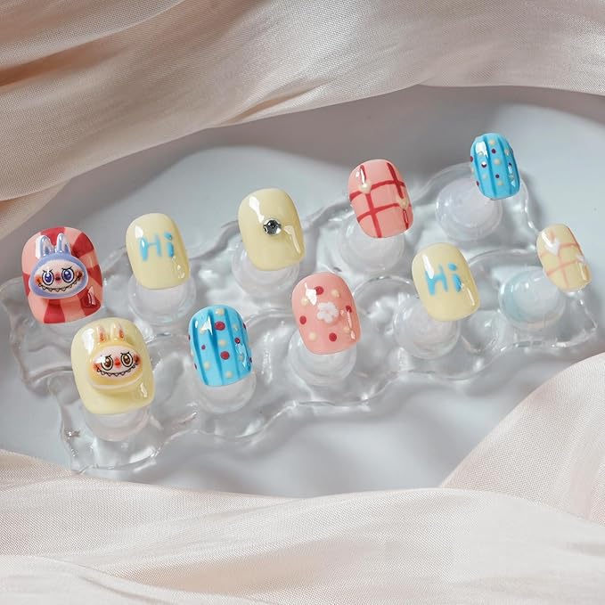 Cartoon Press on Nails Extra Short Square - 3D Cute Charms Design, Colorful Mini Figure False Nails for Women and Girls (Cartoon-B,M)