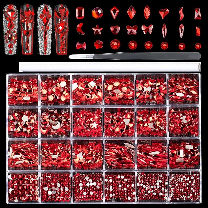 Red Nail Rhinestones Kit, 18 Types of 900 Special-Shaped Nail Diamonds + 3200 Flat-Bottomed Nail Rhinestones, 3D Nail Crystal Rhinestones for Nail Art DIY Decorations