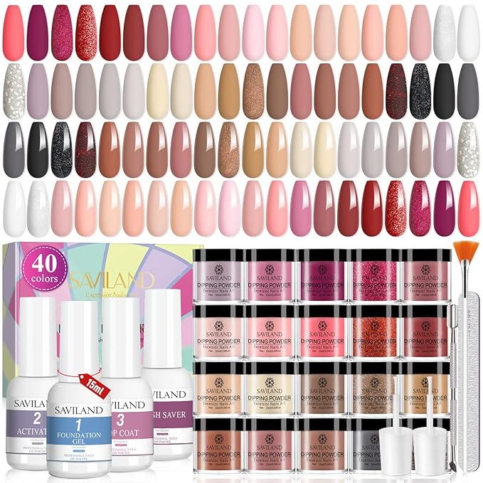 SAVILAND 49 PCS Dip Nails Powder Starter Kit - 40 Colors Hot Pink Red Gentle Nude Glitter Dip Powder Liquid Set with Base & Top Coat Activator Brush Saver Manicure Tool for French Nail Art Salon DIY