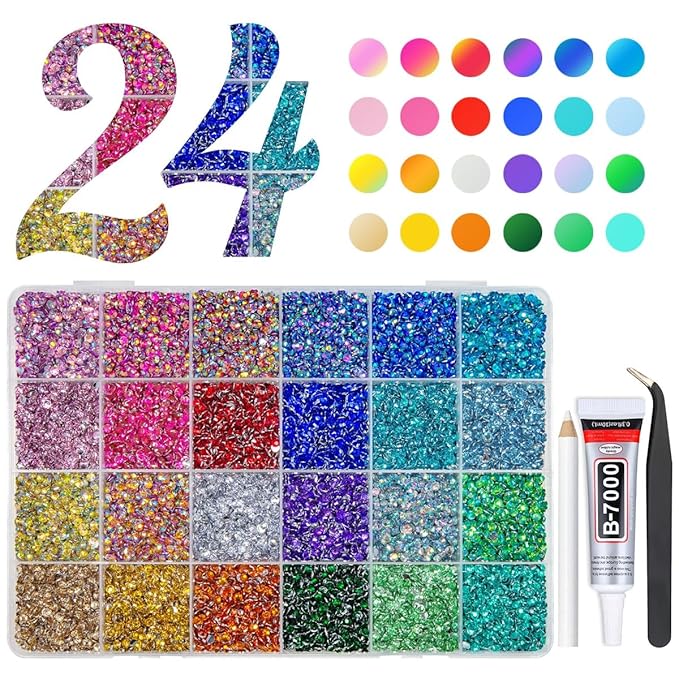 24000Pcs 24 Color 3mm Crystal Resin Rhinestones w B7000 Glue for Bedazzling Crafting Flatback Stones Colorful Crystals Gems Diamonds Charms for Nails Eyes Face Makeup Crafting Tumblers Crafts