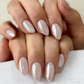 Chrome Ivory White Press on Nails Short Almond, Glazed Cute Fake Nails with Sparkle Mirror Design, Shiny Off White Glue on Nails Stiletto, Gel Nail Press ons with Glue for Fingernail 30 Pcs