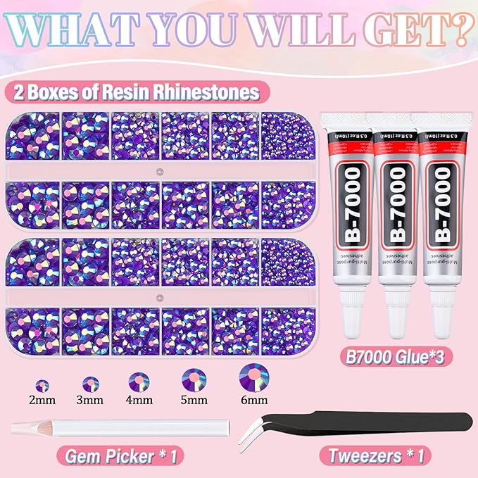 Resin Rhinestones for Crafting with 3Pcs 10ml B7000 Jewelry Glue, 2 Boxes Dark Purple AB Flatback Gems Crystals Diamond for Bedazzling Crafts DIY Nail Art Makeup,Gems for Clothing Tumblers Shoes