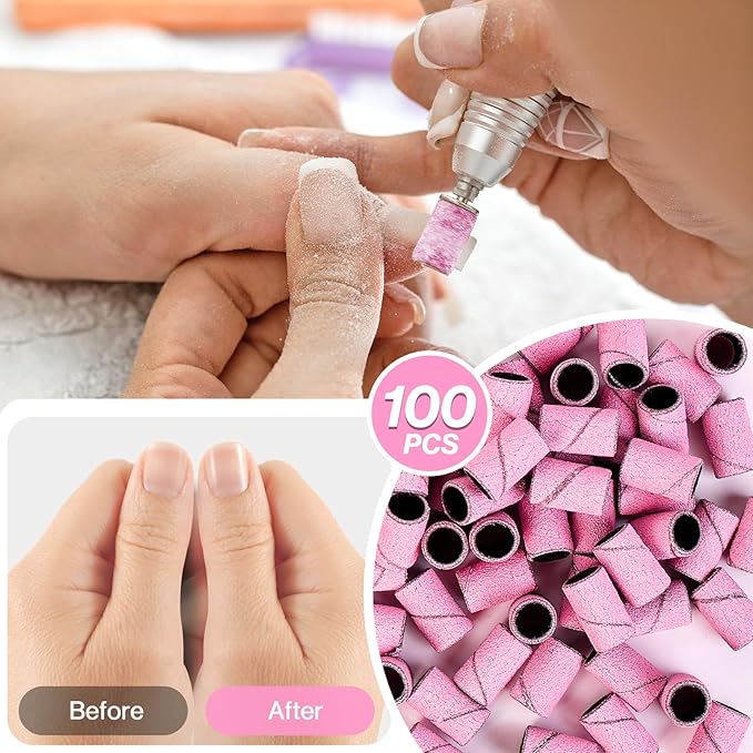 MelodySusie 100 Pcs Nail Drill Bits Sanding Bands for Nail Drill 180 Fine Grit Nail File Sanding Bands for Acrylic Nails Gel Manicures and Pedicure,Light Pink