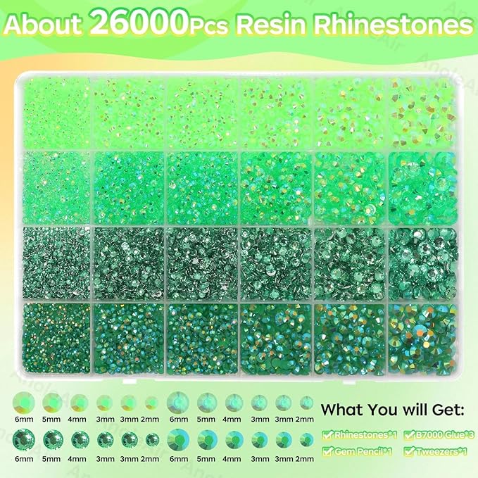 26000PCS Green Resin Flatback Rhinestones for Crafting, Resin Rhinestones for Bedazzling Kit, 2/3/4/5/6mm Flatback Gems Jewels for DIY Mugs Tumblers Clothing Shoes Nail Art