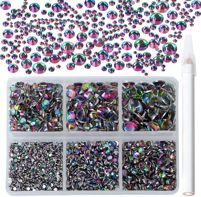 Bymitel 5000 Pieces 6 Mixed Sizes Glue Fix on Glass Rhinestones Round Crystal Gems Flatback for DIY Jewelry Making with one Picking Pen(6-Sizes 5000PCS, Green Volcanic)
