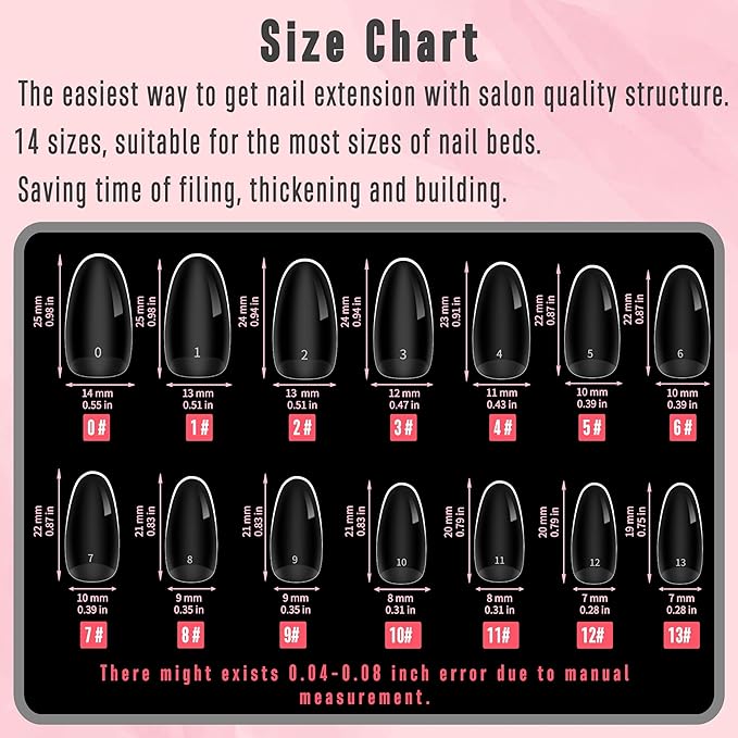 NOVO OVO Medium Oval Nail Tips Extra Thick Press on No C Curve, Soft Gel Natural Fake Nail Extension, Full Cover Clear False Nails for Acrylic, French Manicure Salon DIY x 14 Sizes 224 pcs