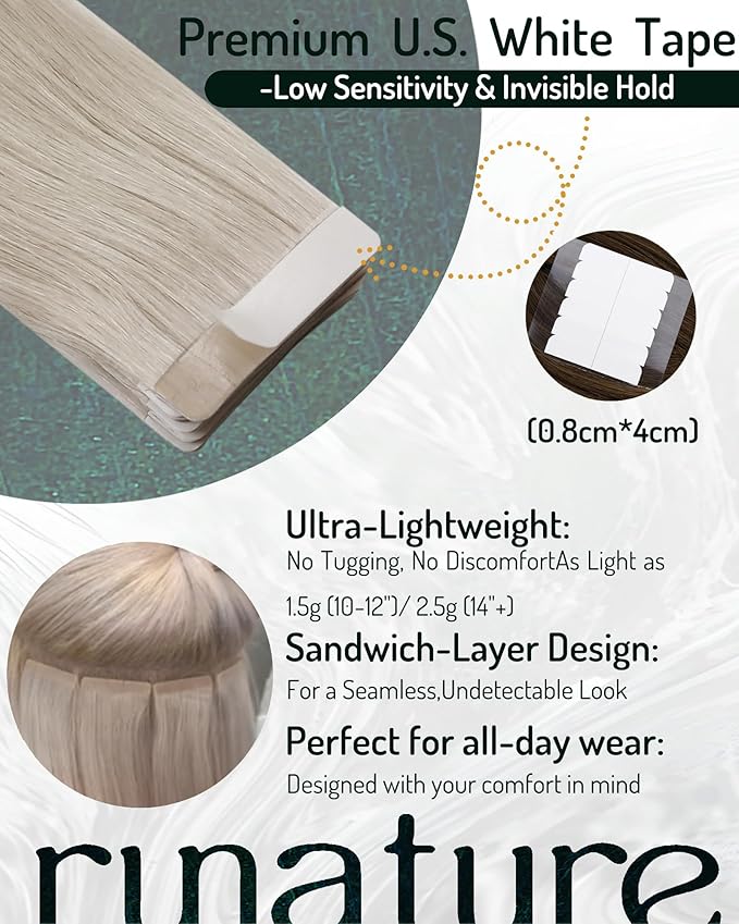 RUNATURE Tape in Hair Extensions Human Hiar Blonde Hair Extensions Tape Ins 28 Inch Long Tape in Extensions Human Hair Silky Remy Hair for Women 50g 20pcs #800 White Blonde
