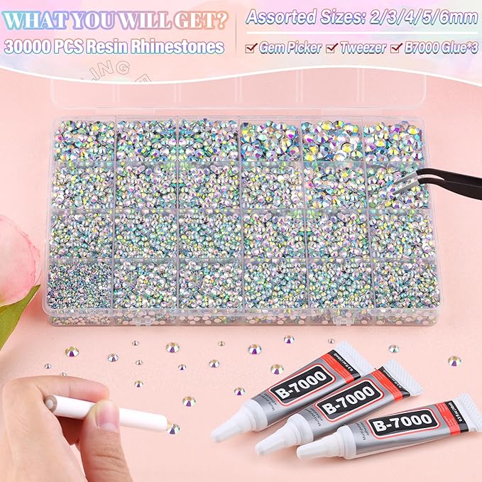 30000Pcs Resin AB Rhinestones for Bedazzling Crafting with b7000 Jewelry Glue, Bulk Flatback Gems Bedazzler Kit for Crafts Clothes Shoes Fabric Nail Diamond Art, Assorted Size 2/3/4/5/6mm