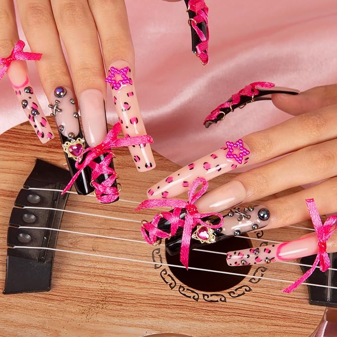 LOVFUL Press on Nails the Sweet Guardian | Handmade with Full Covered Crystals | Reusable Fake Nails | Curve Long 2.2 in | H173-M