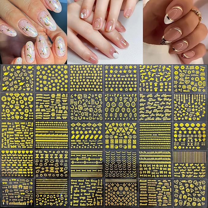 30 Sheets Gold Nail Art Sticker 3D Self-Adhesive Gold Star Moon Heart Line Nail Decals with 3D Nail Art Metal Charms Gold Metal Nail Art Design Nail Supplies for Women Manicure Kit Nail Art Decoration
