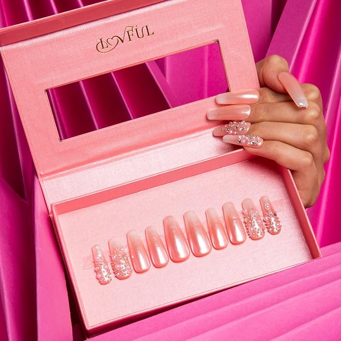LOVFUL Press on Nails Dream Wedding | Handmade with Full Covered Crystals | Reusable Full Cover Nails | Coffin Classic Regular 1.3 in | H76-S