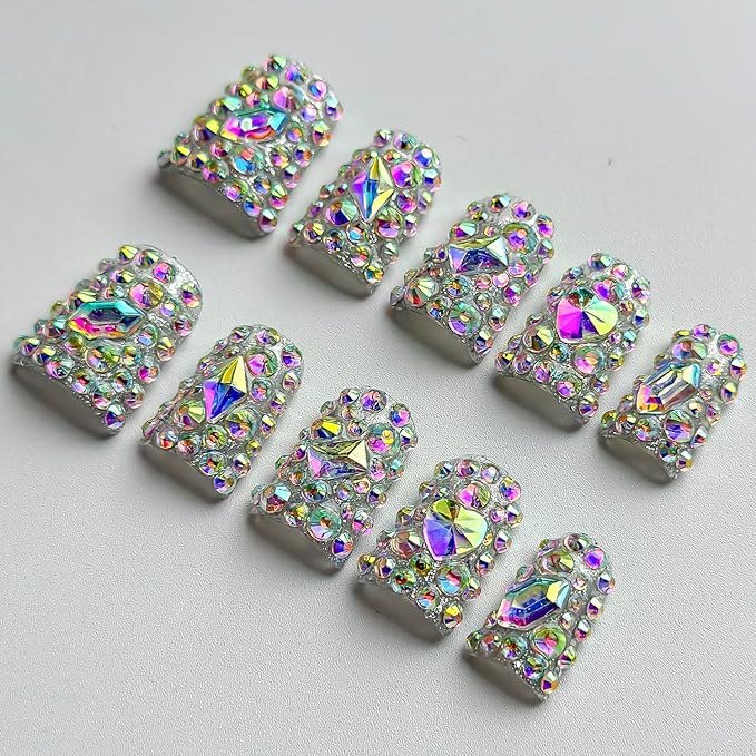 Luxury Press on Nails Short Duck Handmade 3D Unique Reusable ABS Material Fake Nails False Nails with Designs Full Rhinestones Sparkly Glossy Glue on Nail Thick Acrylic Nail(M)
