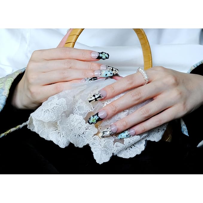Press On Nails, Long Ballerina Style with 3D Flowers and Crystals, Black and Yellow Design, Handmade False Nail 10 Pieces (Large,LB)
