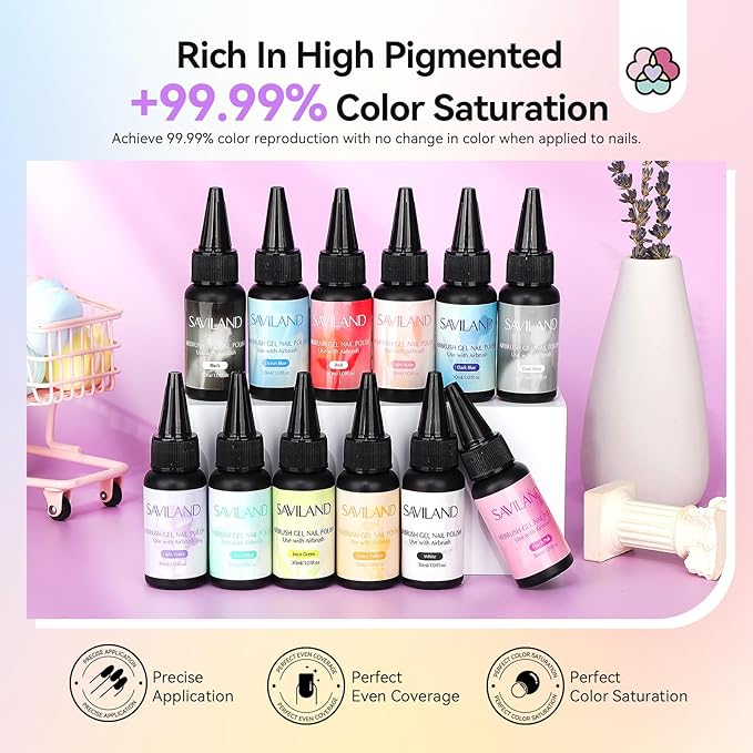 SAVILAND Airbrush Gel Nail Polish Hema-Free: Dilution-free 30ML Airbrush Polish Set, Cool & Warm Colors Non-Acetone Airbrush Stencils for Nails Airbrush for French Nail Art Manicure DIY Salon & Party