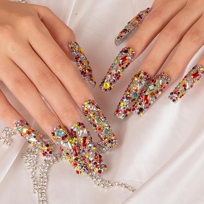 LOVFUL Press on Nails Precious | Handmade with Full Covered Crystals | Reusable Fake Nails | Square Mid length 1.7in | H175-S