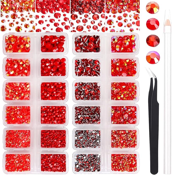 15000PCs 2-6MM Red Series Resin Flat Back Rhinestones, Round Non Hotfix Jelly & Silver Bottom Resin Rhinestones Nail Gems Stones with Tweezer & Picker Pen for Nail Art Tumblers & DIY Crafts