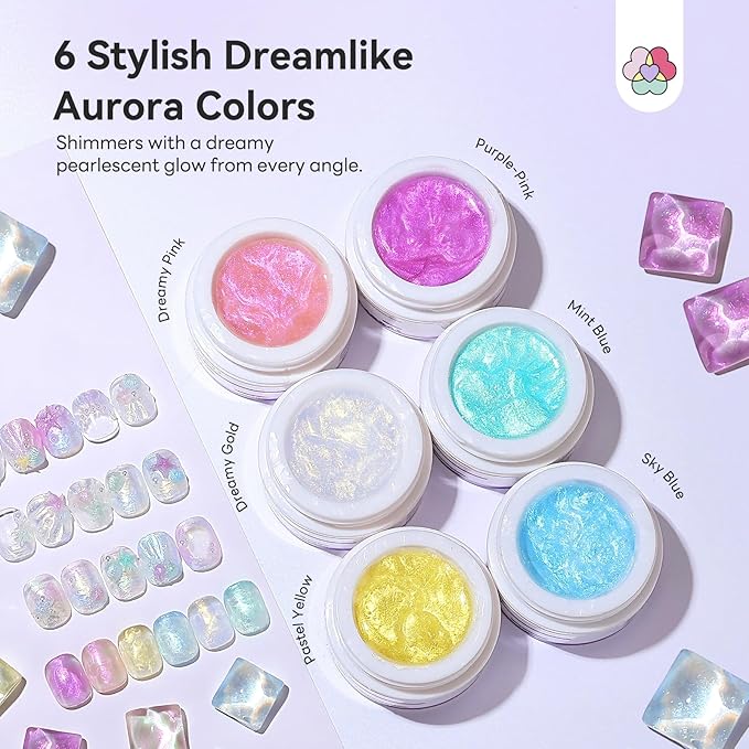 SAVILAND 6PCS Solid Builder Nail Gel Kit: Non-Sticky Dreamlike Aurora Colors 30 Days Long-Wear 10g 3D Sculpting Gel for Nail Art with Sculpting Pen Dual Form Salon DIY Use