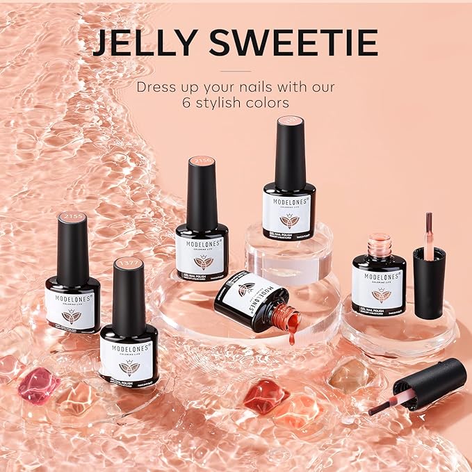 modelones Jelly Gel Nail Polish, 6 Colors Fall Nude Brown Pink Gel Polish Neutral Nail Art Design Translucent Soak Off LED Nail Lamp Manicure Salon DIY Girls Women Gift