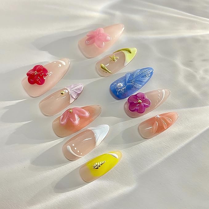 Handmade Press on Nails 3D Floral Carved Medium Almond Fake Nails French Tips, Multi-Layer Gel Acrylic Nails for Women Nail Art (Sheer Floral Glow,S)
