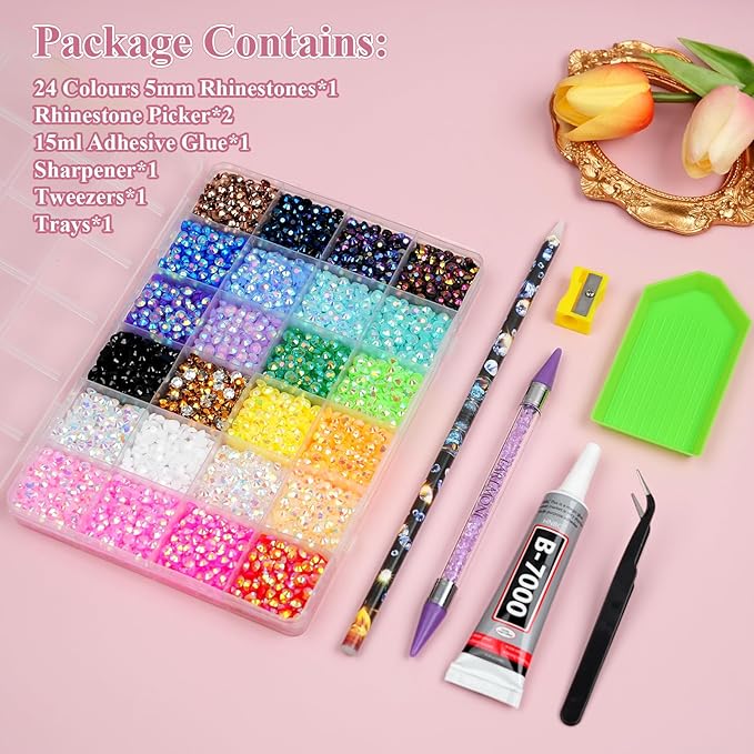Resin Jelly Rhinestones for Bedazzling, EARLMONI Multi Colord Bedazzler Kit with 15ml B7000 Glue Rhinestone Pen Tool for Clothes Nail Art (A 24 Colors, 5MM)
