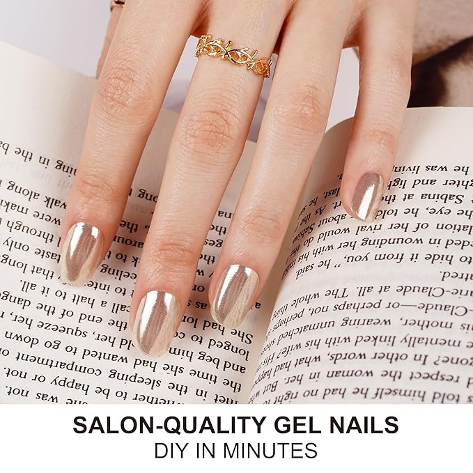 DANNI & TONI Semi Cured Gel Nail Strips Champagne Gold (Golden Veil) Mirror Gel Nail Wraps UV Nails 28 Stickers