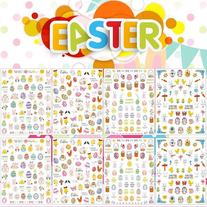 8 Sheets Easter Nail Stickers - 3D Self-Adhesive Easter Egg Bunny Chick Nail Decals - Cute Spring Holiday Nail Art Decorations for Girls Women Perfect Easter Basket Stuffers Gifts Party Favors