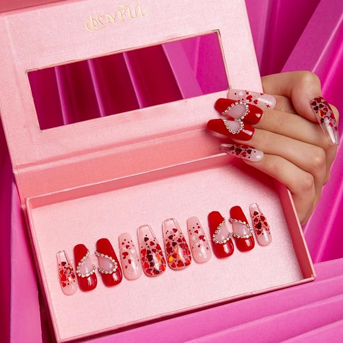 LOVFUL Press on Nails Love Day Exclusive | Handmade with Full Covered Crystals | Reusable Full Cover Nails | Coffin Classic Regular 1.3 in | H154-L