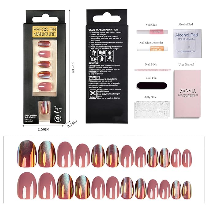 Short Oval Press On Nails Red - Cat Eye Iridescent Nails With Glue Reflective Look, Designed For Women And Teens, For Weddings, Proms, Birthdays, And Date Nights, 24 Nails In 12 Sizes