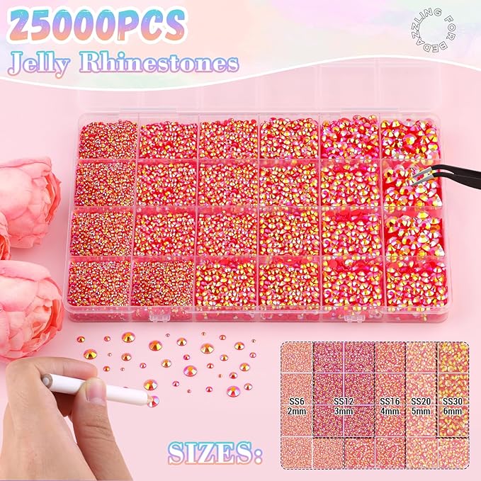 25000Pcs Red ABRhinestones for Bedazzling with B7000 Jewelry Glue, Non Hotfix Flatback Gems, Crystal Resin Rhinestones for Crafting Crafts Clothing Tumblers Mugs Shoes Fabric Decor Nail Art