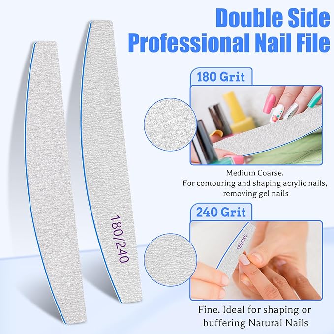 BLESWIN Nail Files 180/240 Grit, 25 Pcs Professional Double Sided Emery Board, Reusable Washable Coarse Tool for Acrylic & Gel Nails, Home Salon Application