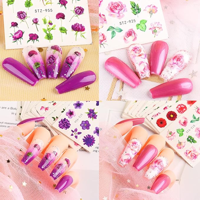 24 Sheets Flowers Nail Art Stickers, Water Transfer Decals Holographic Flower Butterfly Leaf Designs for Women Girls Manicure Charms Decoration