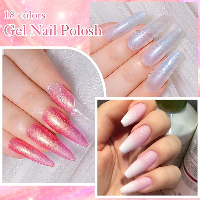18 Colors Rubber Base Gel Set, Pearlescent Rubber Base Gel Polish for Nails Color Changing Builder Base Nail Gel Brocade 2-in-1 Soak Off Base Gel Nail Strengthener Gifts for Women
