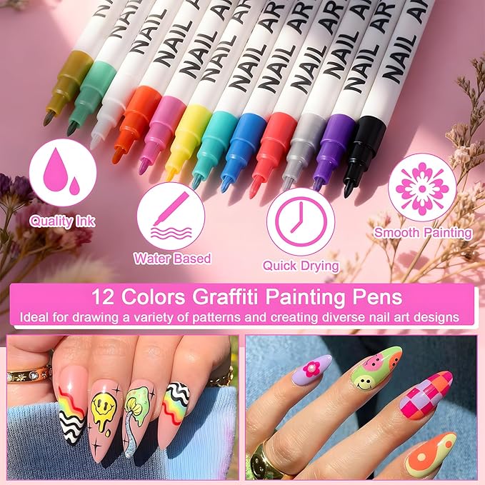Nail Art Pens for Nail Painting, 12 Colors 0.7mm Nail Art Marker Pens for Valentine' Day Painting Nail Point Graffiti Dotting Liner Pen for Home Salon Quick Dry Manicure