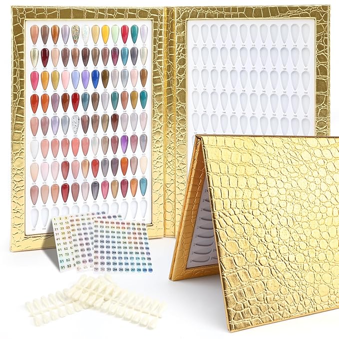 216 Nail Colors Book, Nail Display Chart Book with 240 Nail Tips & 1-300 Number Labels, Professional Nail Color Swatches Book for Nail Polish UV Gel Salon (Gold, Size 01)