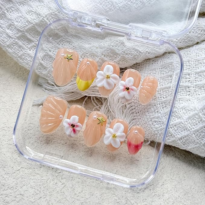 Short Almond Press on Nails Handmade Nails with Glue,Muti-Layer Gel French Tip Fake Nails with 5D Flower Design Nude Acrylic Nail Reusable Nature Handmade False Nails for Wome (Size S)
