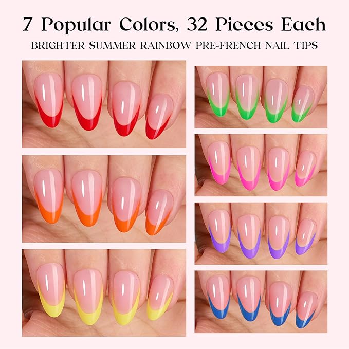 Beetles Summer Press On Nails 224 Pcs 7 Colors, French Tip Nails Short Almond Classic Fake Nail Tips, Rainbow Soft Gel Nails False Nails Art DIY For Women