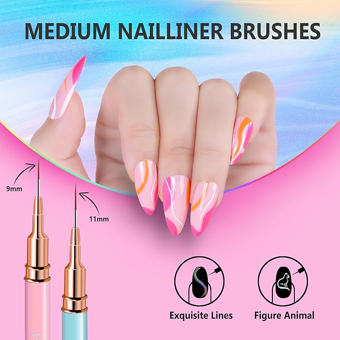 Metallic Nail Art Liner Brushes, 6Pcs Professional Gel Polish Painting Art Design Pen Set for Long Lines, Thin Details, Fine Drawing Sizes 5/7/9/11/20/25mm Nail Art Design Gift for Women(silver)