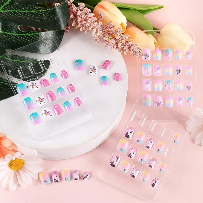 Laza 60pcs Children Nails Press On Pre-glue Full Cover Glitter Diamond Star Rainbow Clouds Short False Nail Kits for Kids Teenager Girls - Pink Green Unicorn