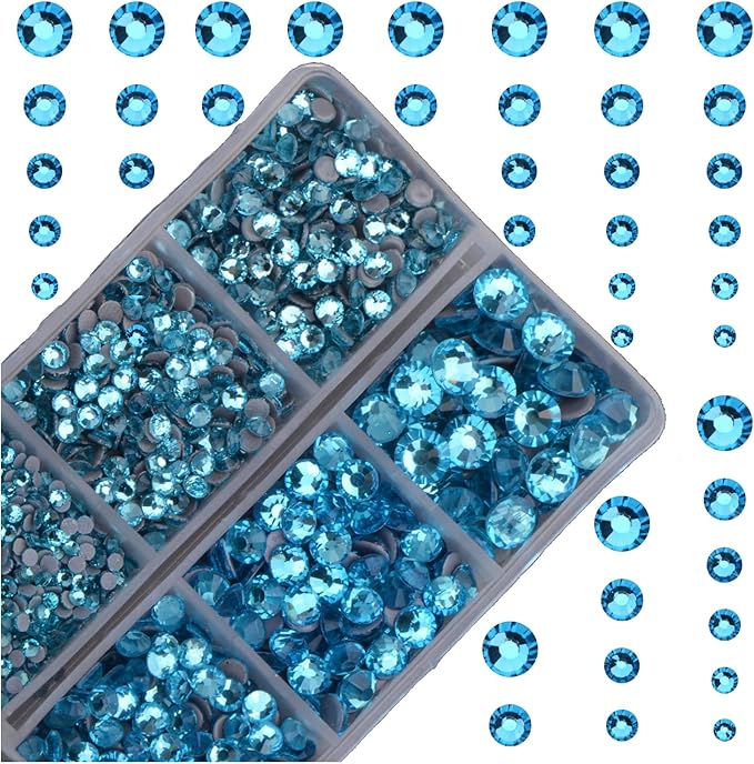 4000pcs Mixed Size Hot Fix Round Crystals Gems Glass Stones Hotfix Flat Back Rhinestones (Aquamarine)