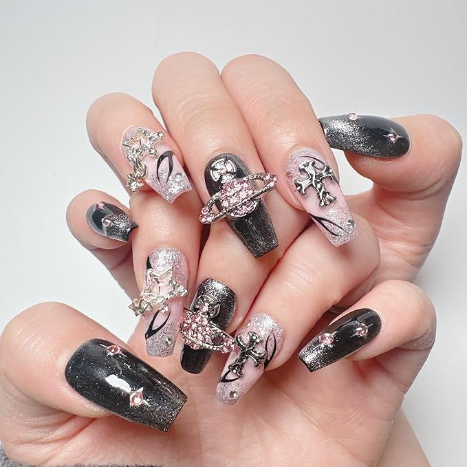Cat Eye Acrylic Press On Nails,Handmade Thick Strong Waterprooft Star Punk Design Press on Nails, Reusable Stick On Nails 10 Nails Size L, #105